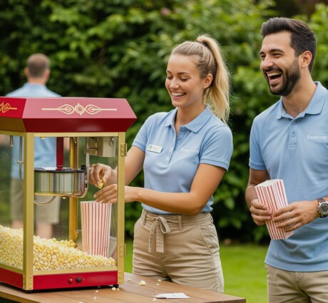 2 Personen benutzen eine Popcorn Maschine auf einem Firmenevent in Berlin